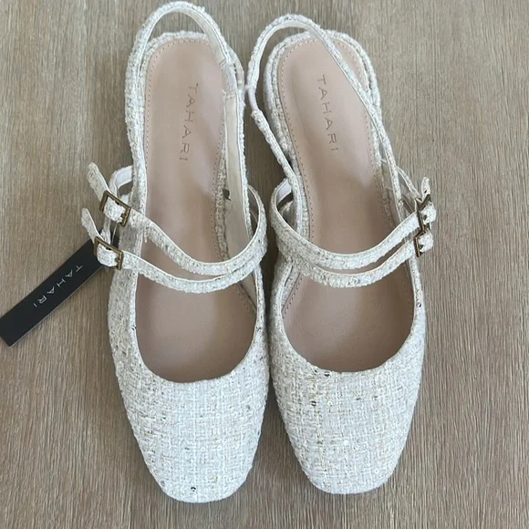 Tahari Tweed Sequin Cream Mary Jane Ballet Flats 7.5 8 - Picture 7 of 8